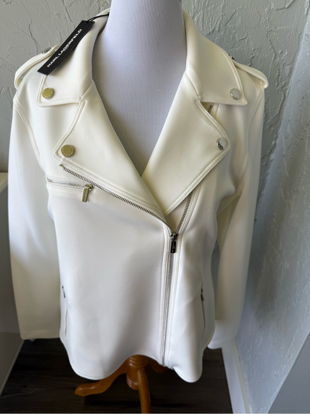 NWT, Karl Legerdeld Women's White Zip Moto Jacket